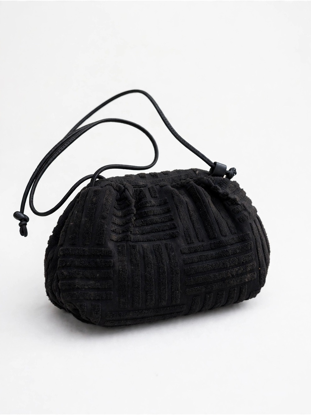 Black Textured Terry Cloth Drawstring Crossbody  Bag